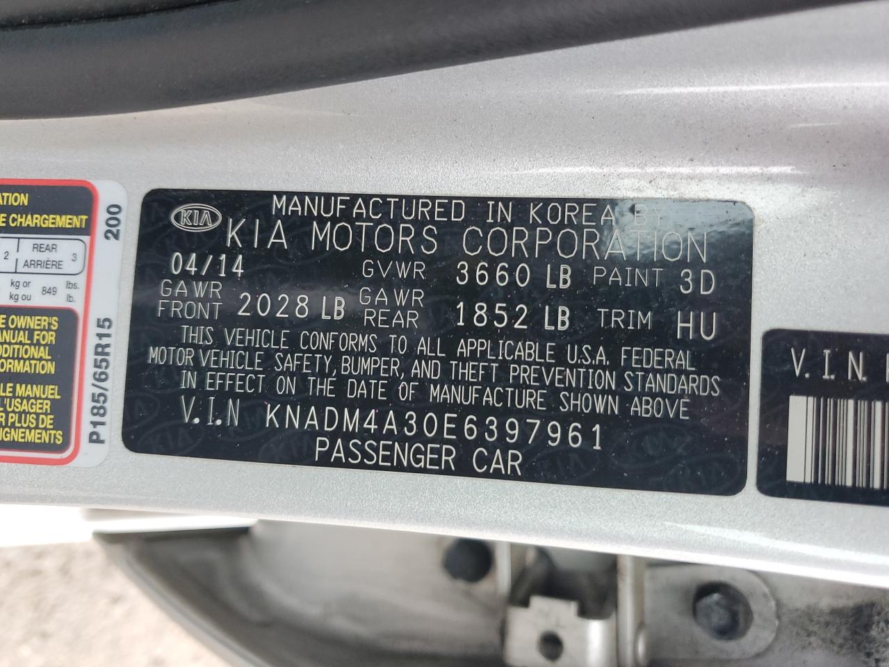 2014 Kia Rio Lx VIN: KNADM4A30E6397961 Lot: 62208825