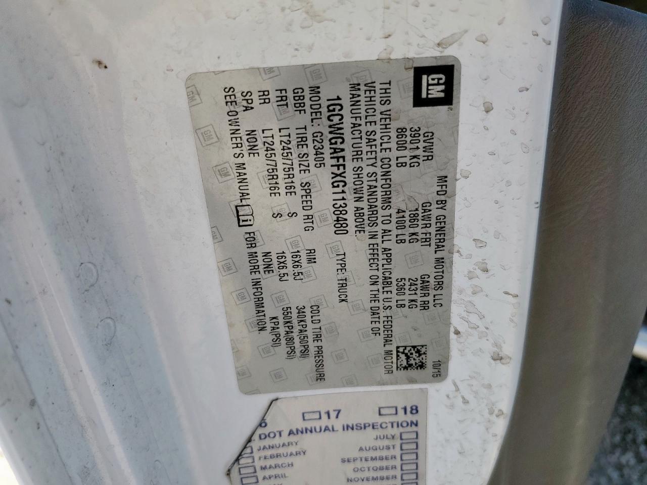 2016 Chevrolet Express G2500 VIN: 1GCWGAFFXG1138480 Lot: 61139875