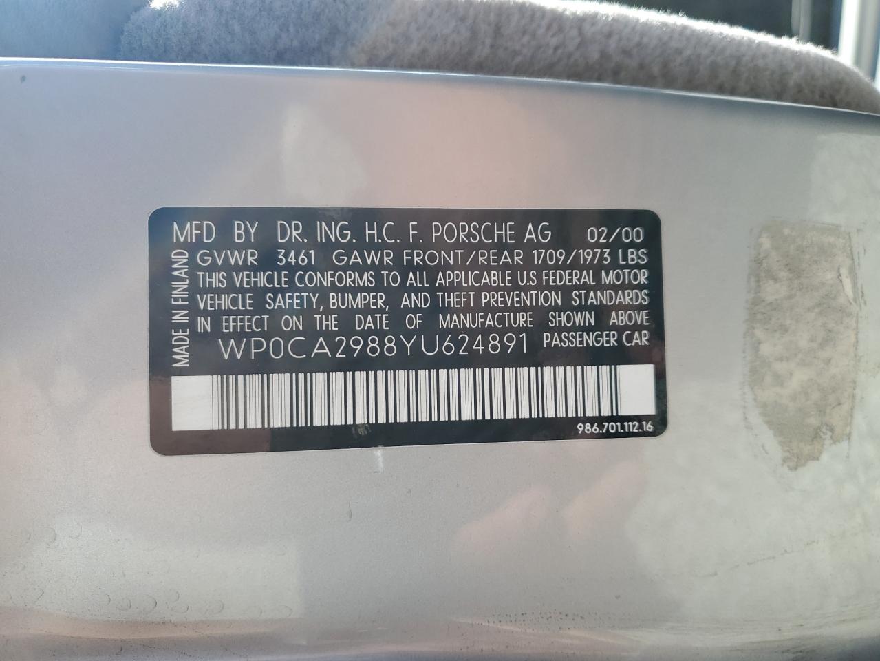 2000 Porsche Boxster VIN: WP0CA2988YU624891 Lot: 59046335