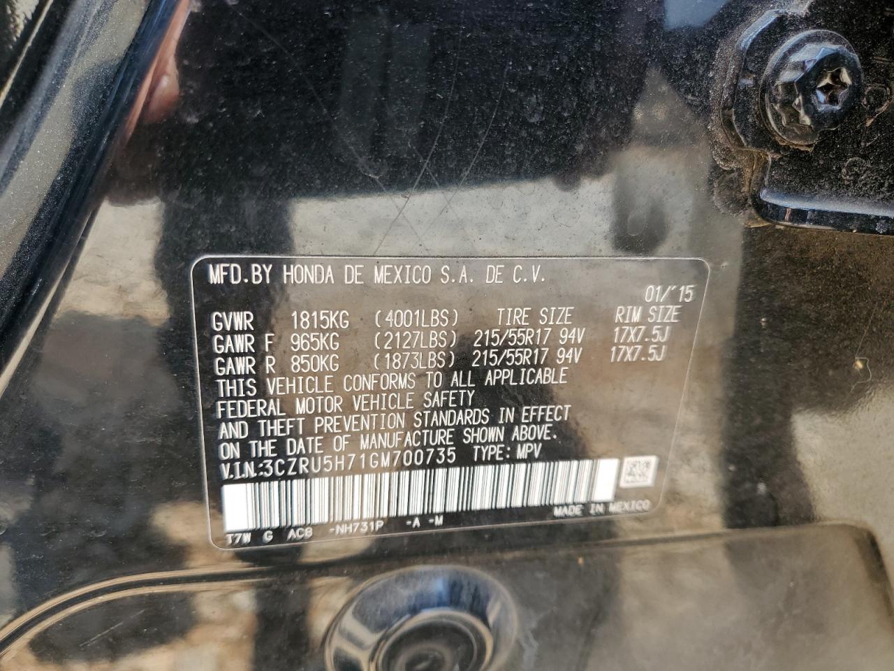 2016 Honda Hr-V Exl VIN: 3CZRU5H71GM700735 Lot: 59565485