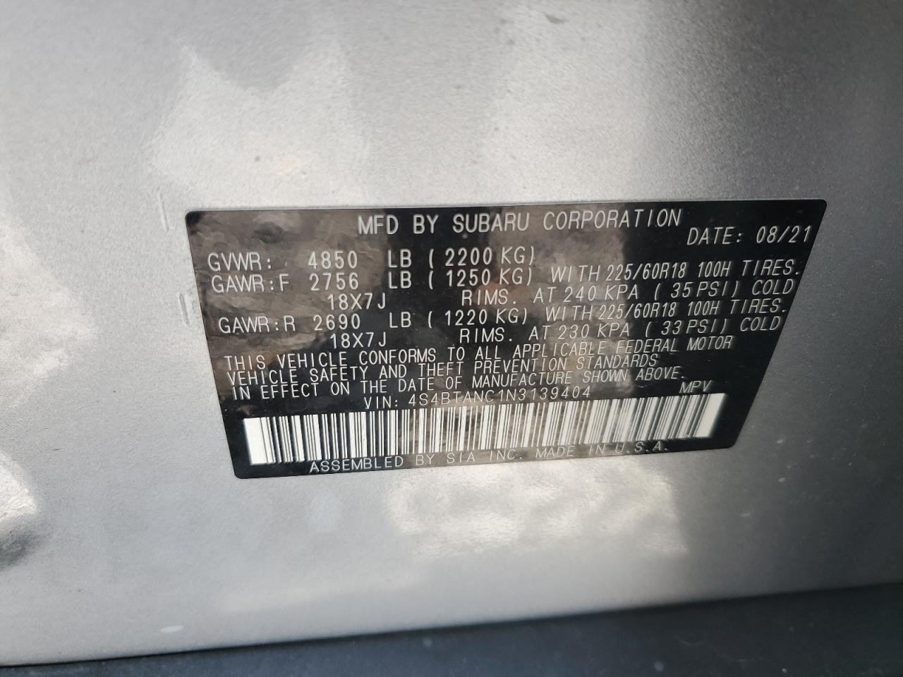2022 Subaru Outback Limited VIN: 4S4BTANC1N3139404 Lot: 60096315