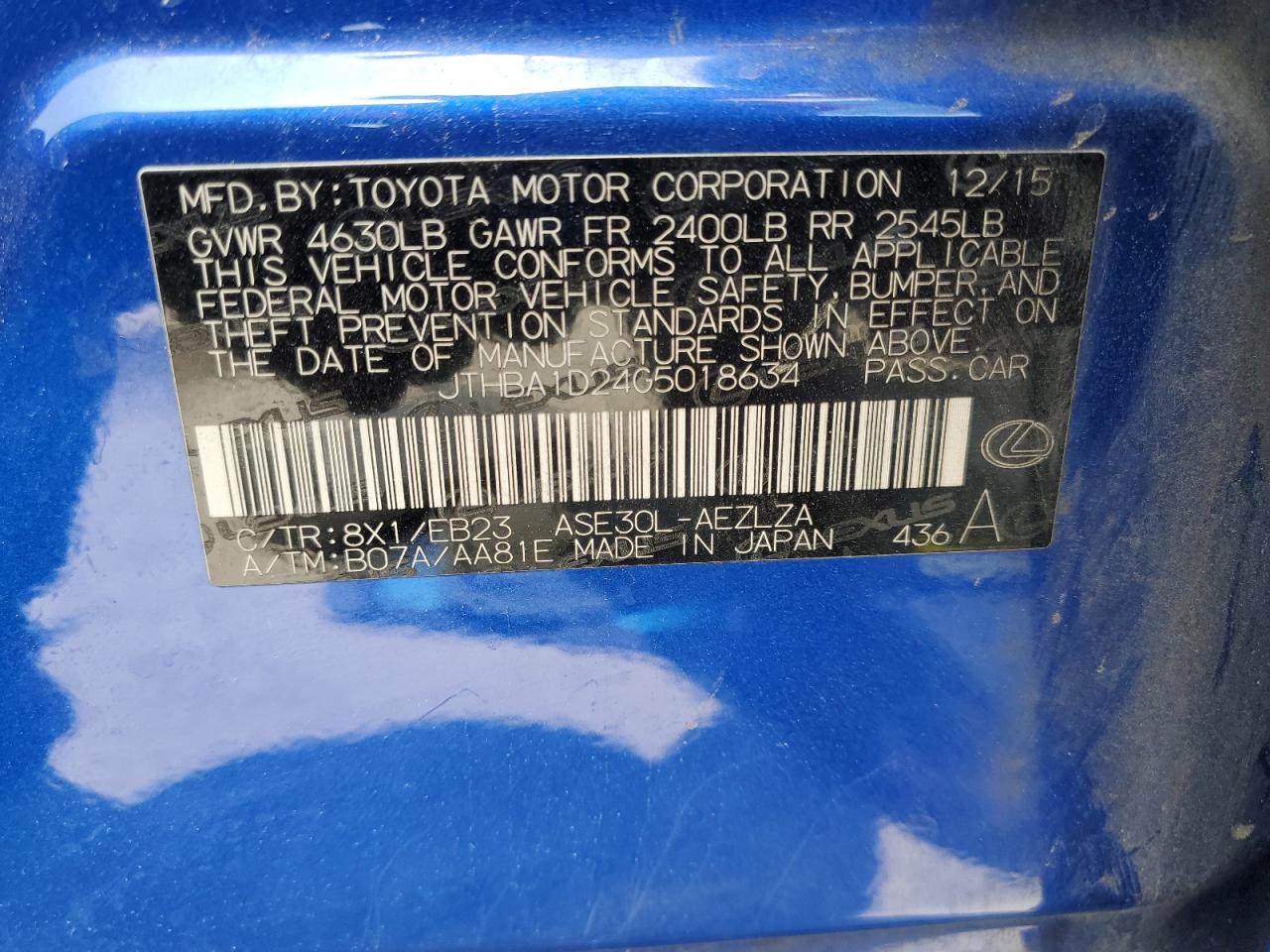 2016 Lexus Is 200T VIN: JTHBA1D24G5018634 Lot: 59422245