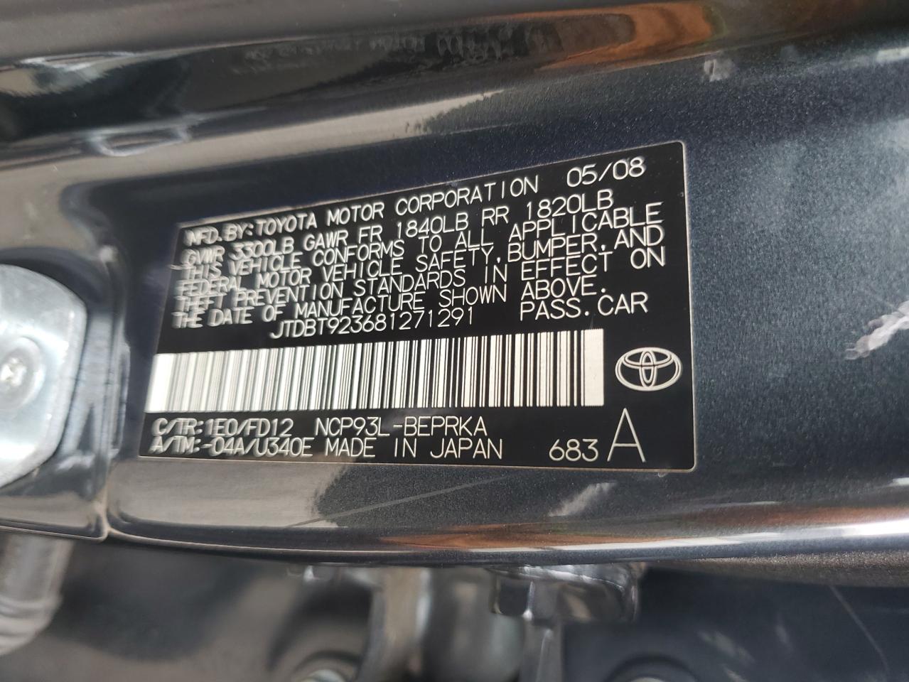 TOYOTA YARIS 2008 VIN JTDBT923681271291 zdjęcie 12