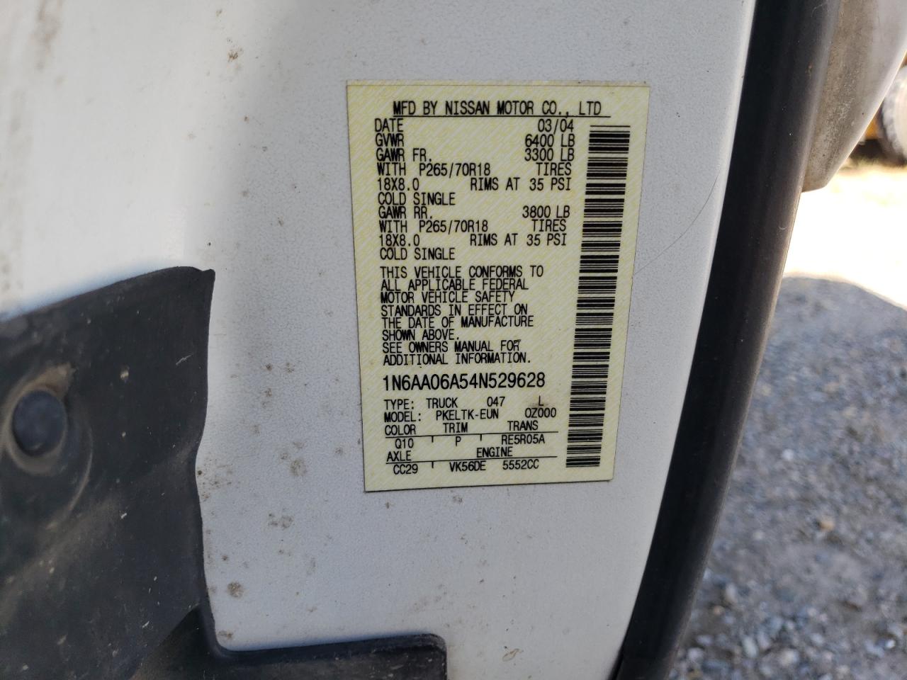 2004 Nissan Titan Xe VIN: 1N6AA06A54N529628 Lot: 61020005
