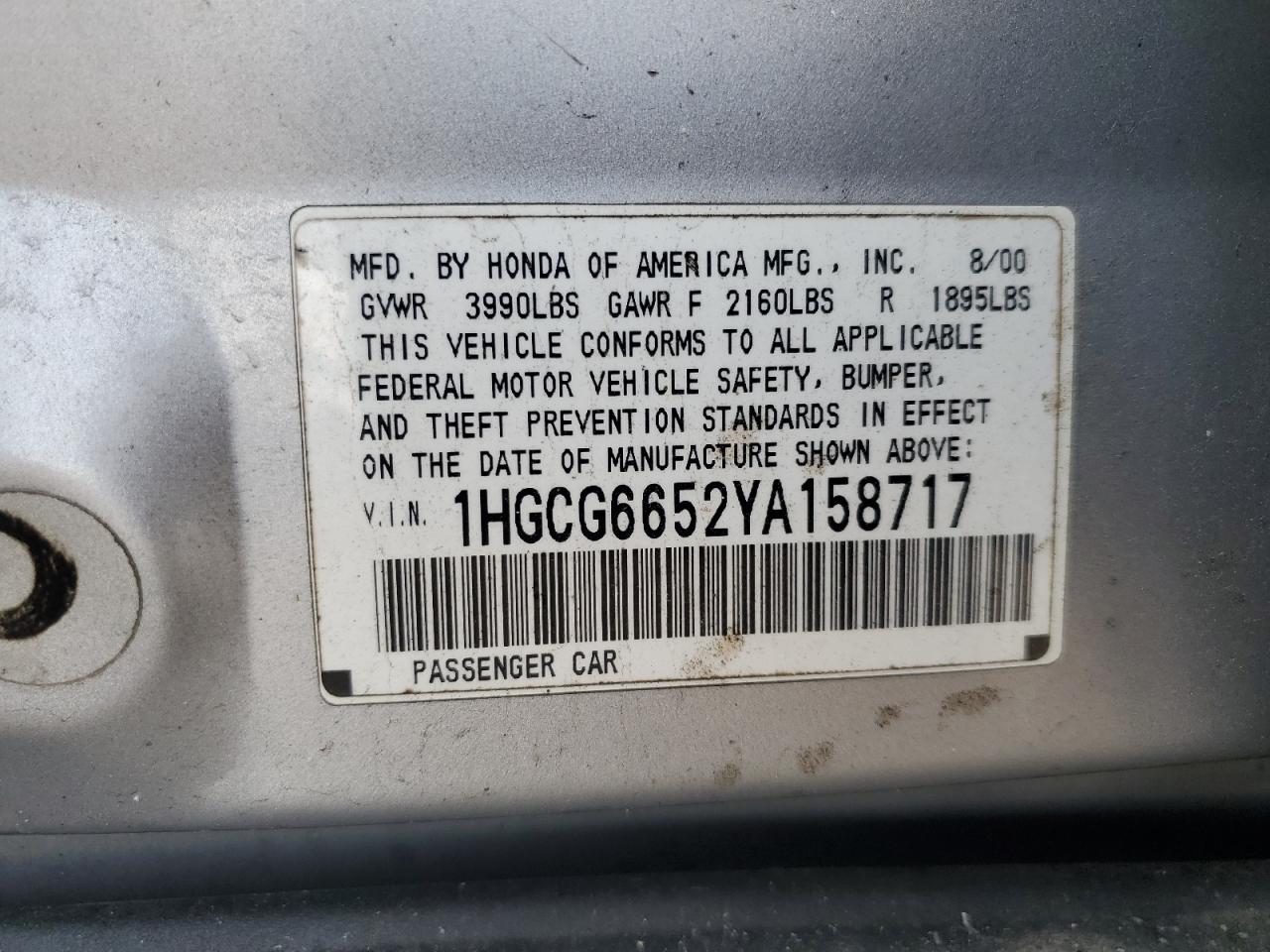 2000 Honda Accord Lx VIN: 1HGCG6652YA158717 Lot: 59609635