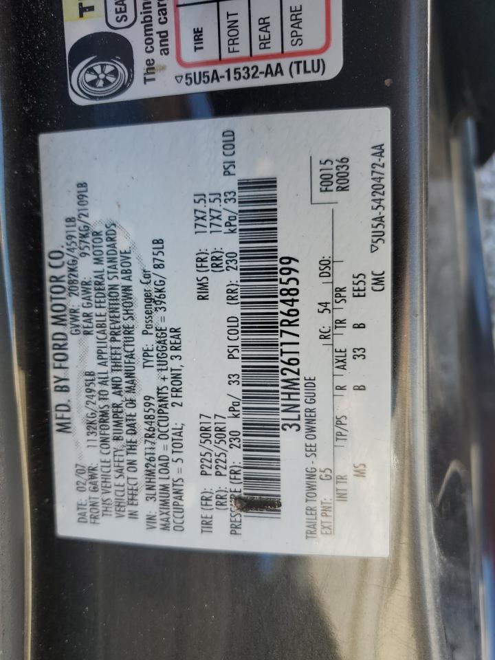 2007 Lincoln Mkz VIN: 3LNHM26T17R648599 Lot: 61949525