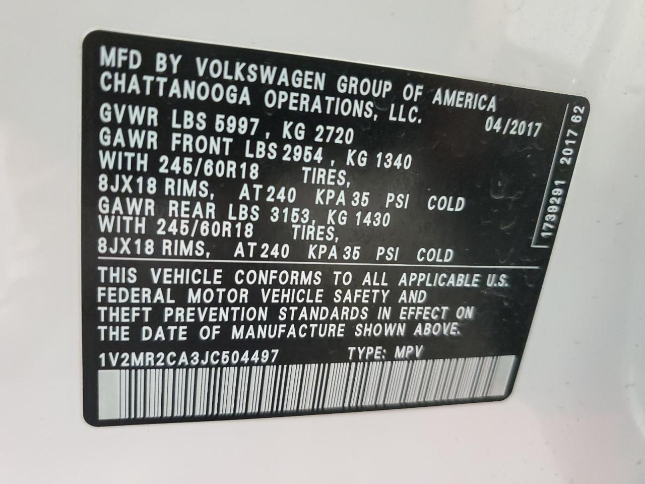 2018 Volkswagen Atlas Sel VIN: 1V2MR2CA3JC504497 Lot: 60142635