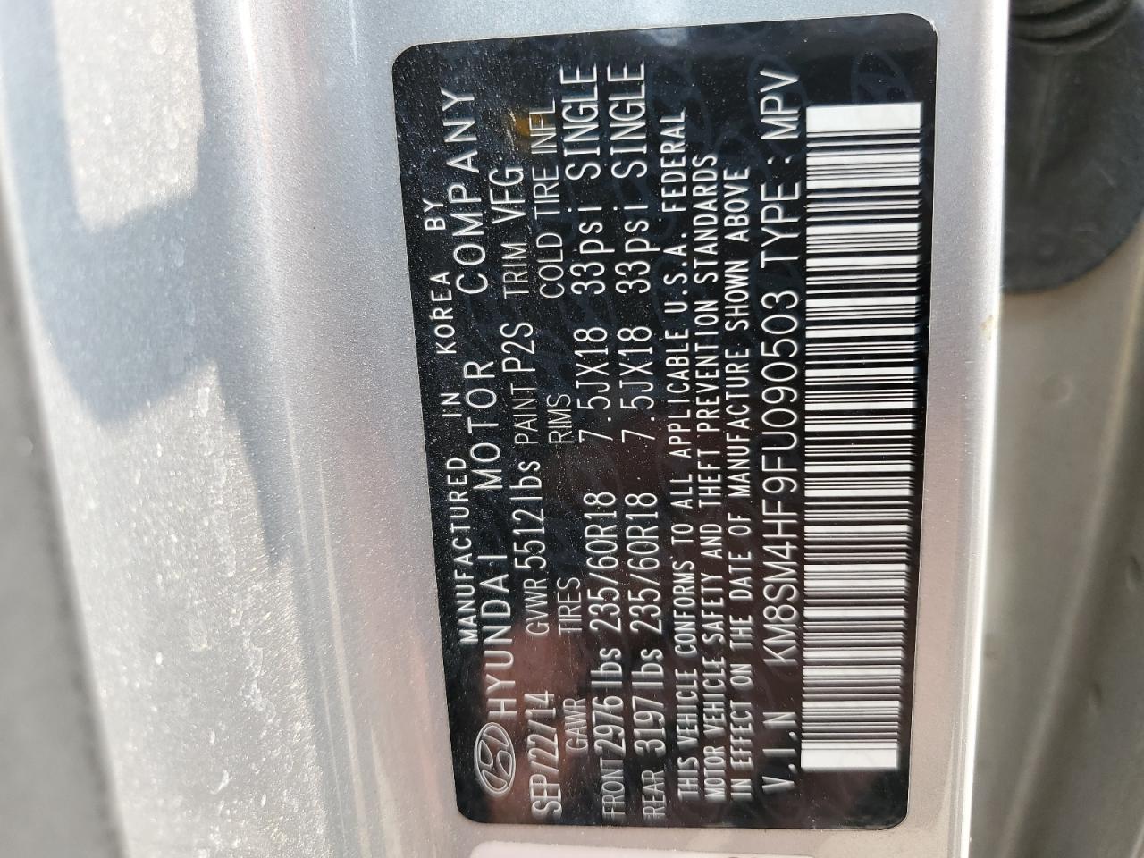 2015 Hyundai Santa Fe Gls VIN: KM8SM4HF9FU090503 Lot: 59116375