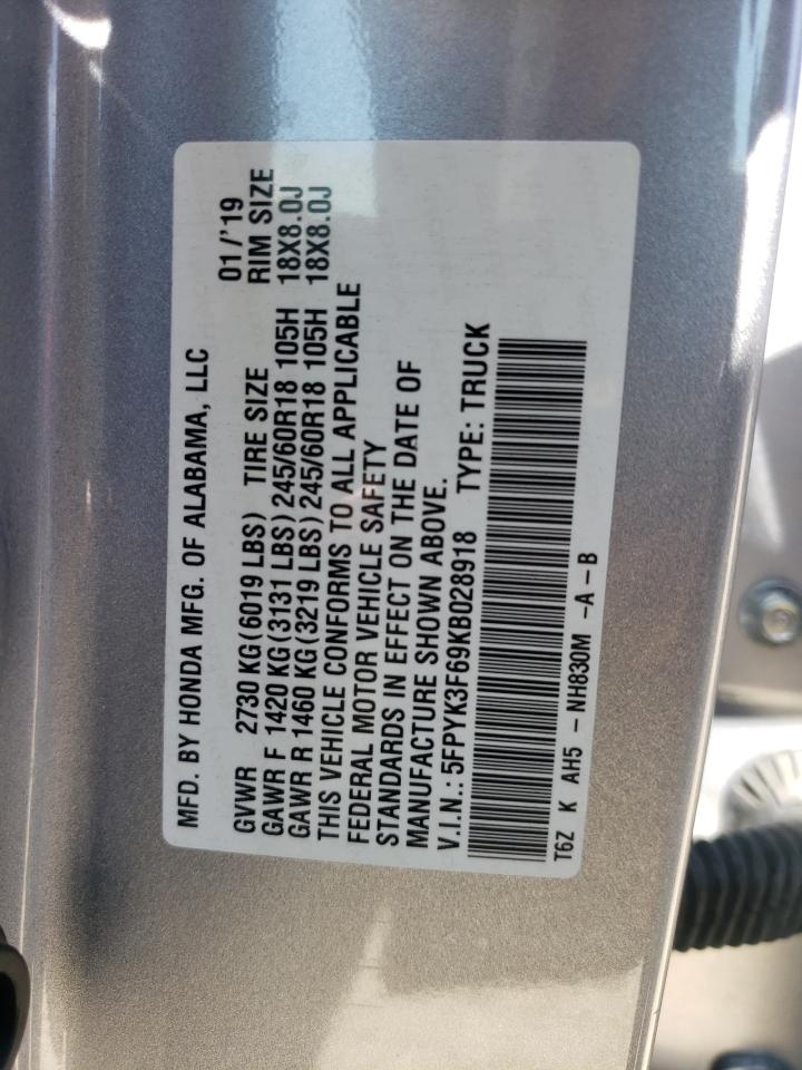 2019 Honda Ridgeline Rtl VIN: 5FPYK3F69KB028918 Lot: 59551445