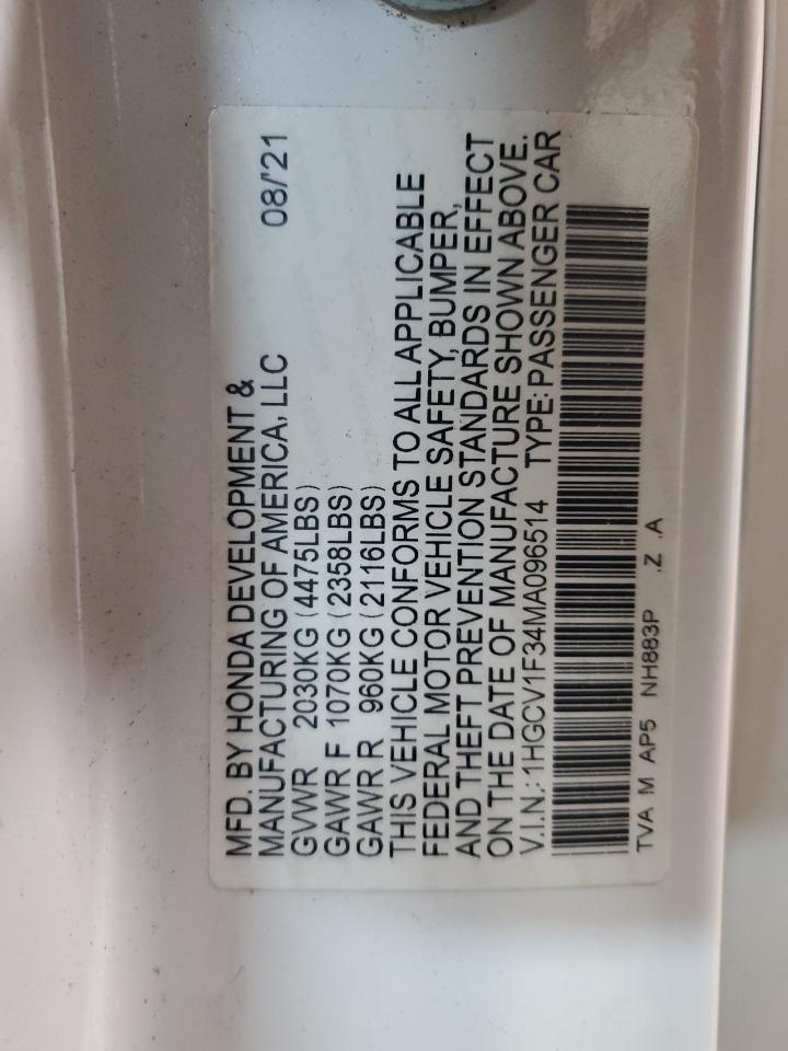 2021 Honda Accord Sport VIN: 1HGCV1F34MA096514 Lot: 62831445