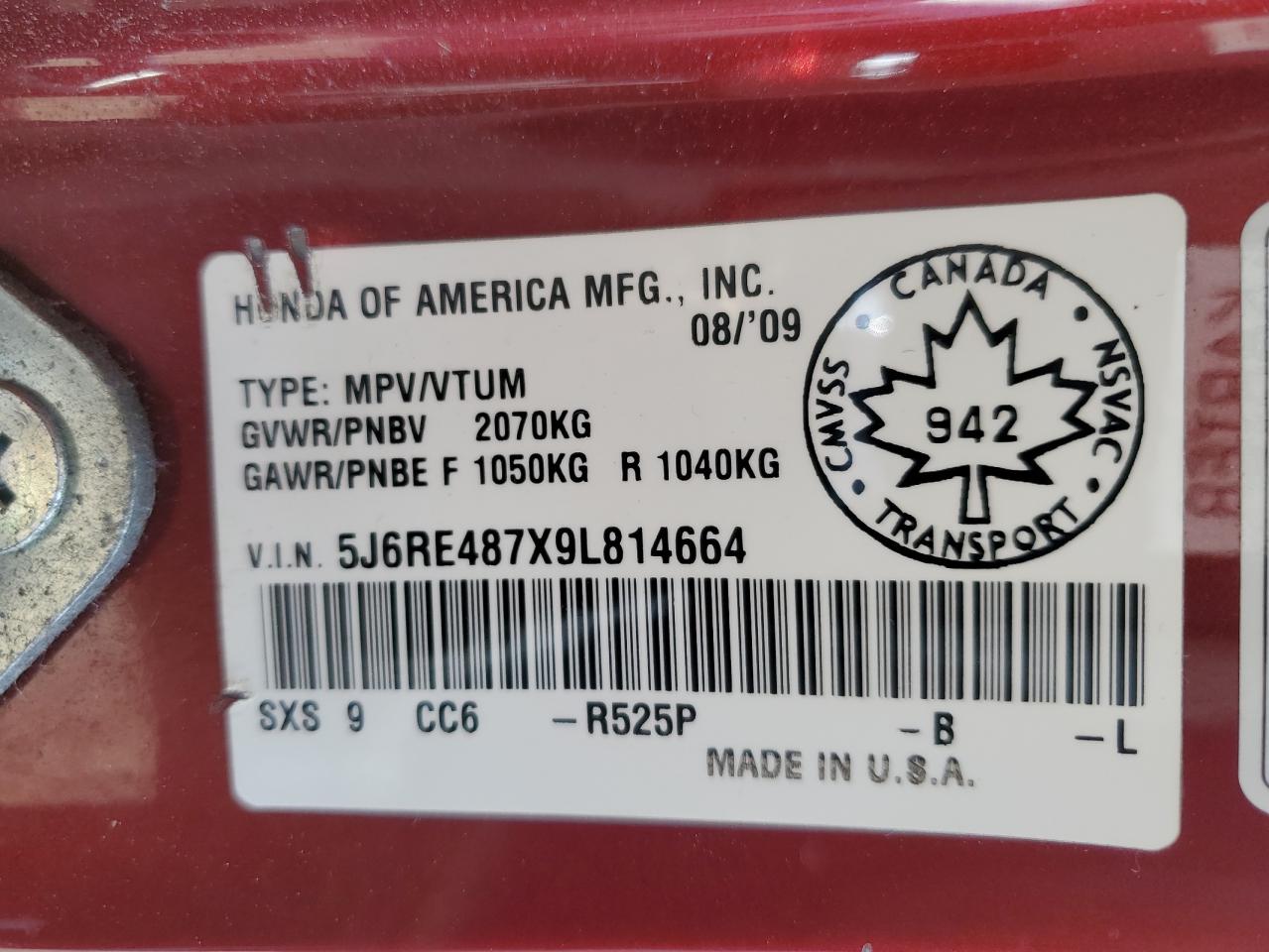 2009 Honda Cr-V Exl VIN: 5J6RE487X9L814664 Lot: 60425785
