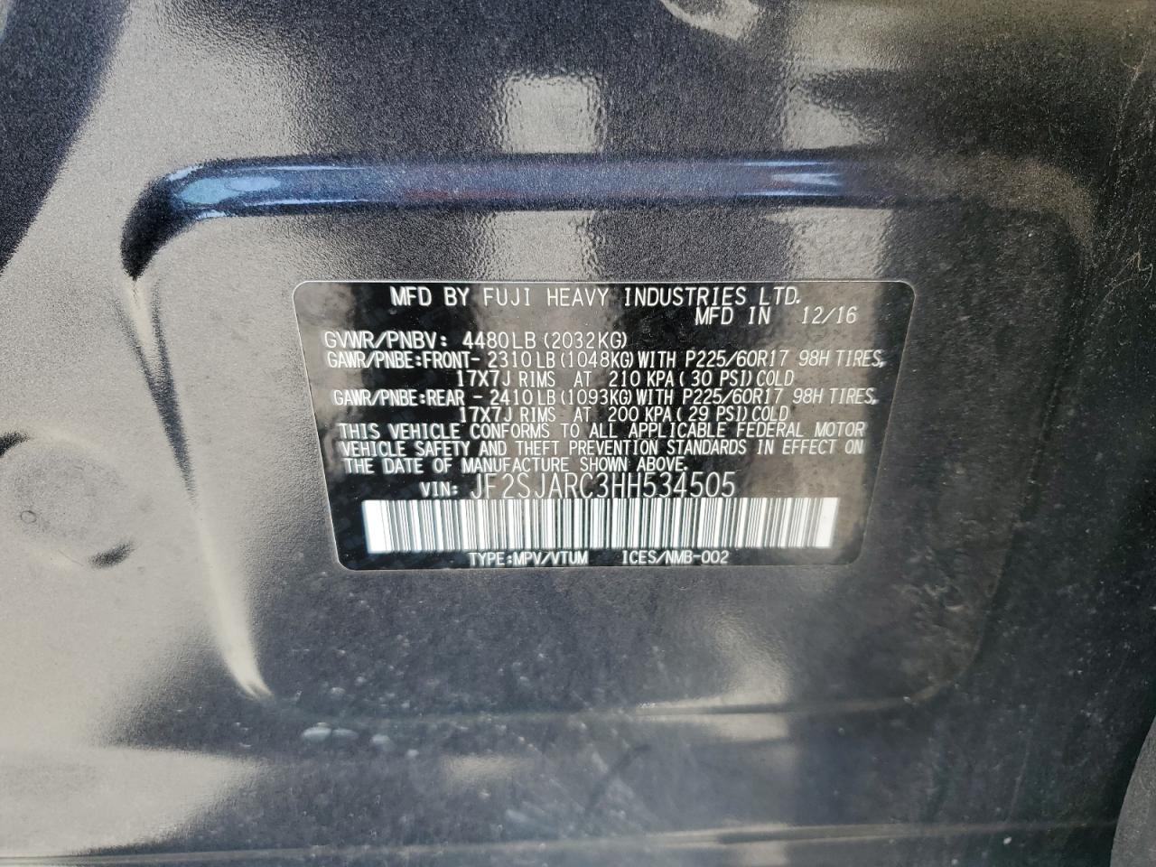 2017 Subaru Forester 2.5I Limited VIN: JF2SJARC3HH534505 Lot: 61255935