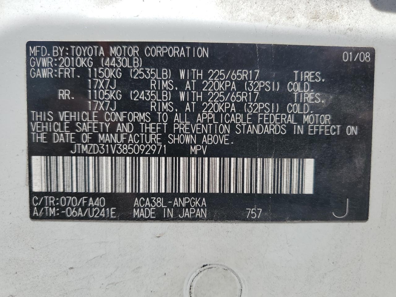 2008 Toyota Rav4 Limited VIN: JTMZD31V385092971 Lot: 62855455