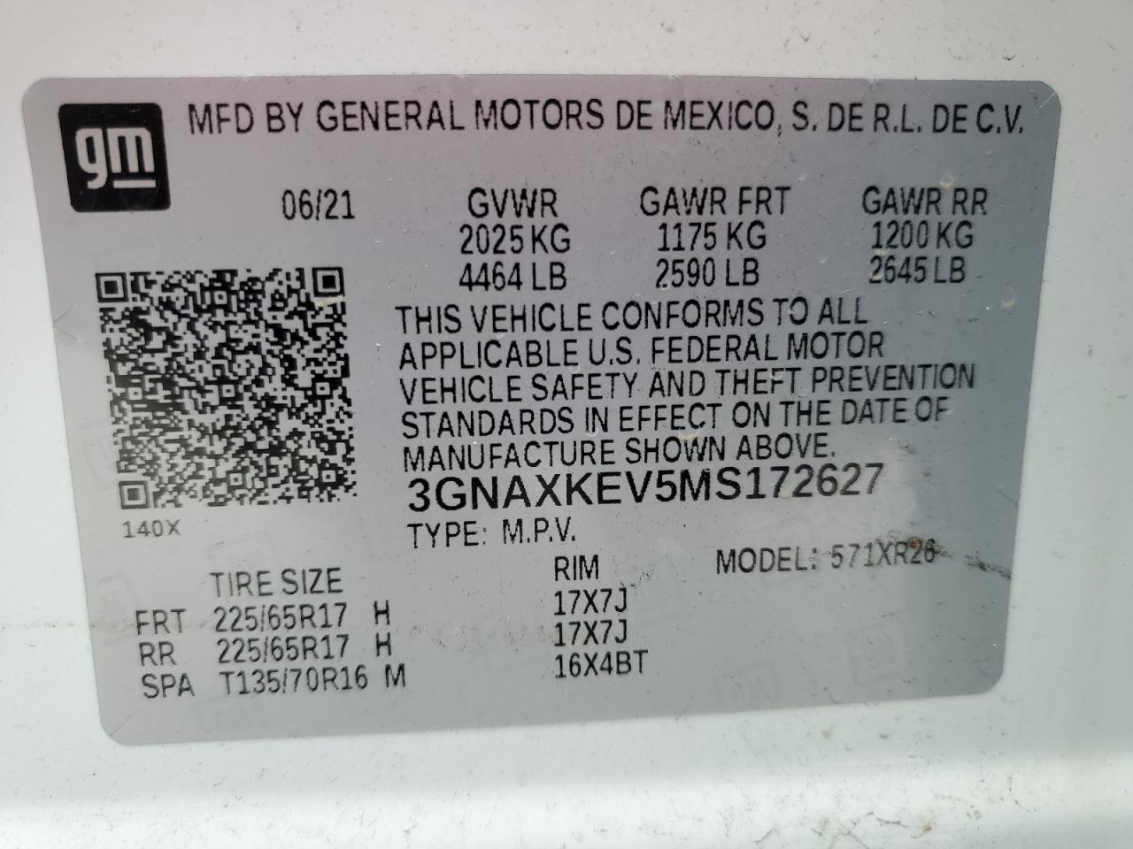 2021 Chevrolet Equinox Lt VIN: 3GNAXKEV5MS172627 Lot: 62998755