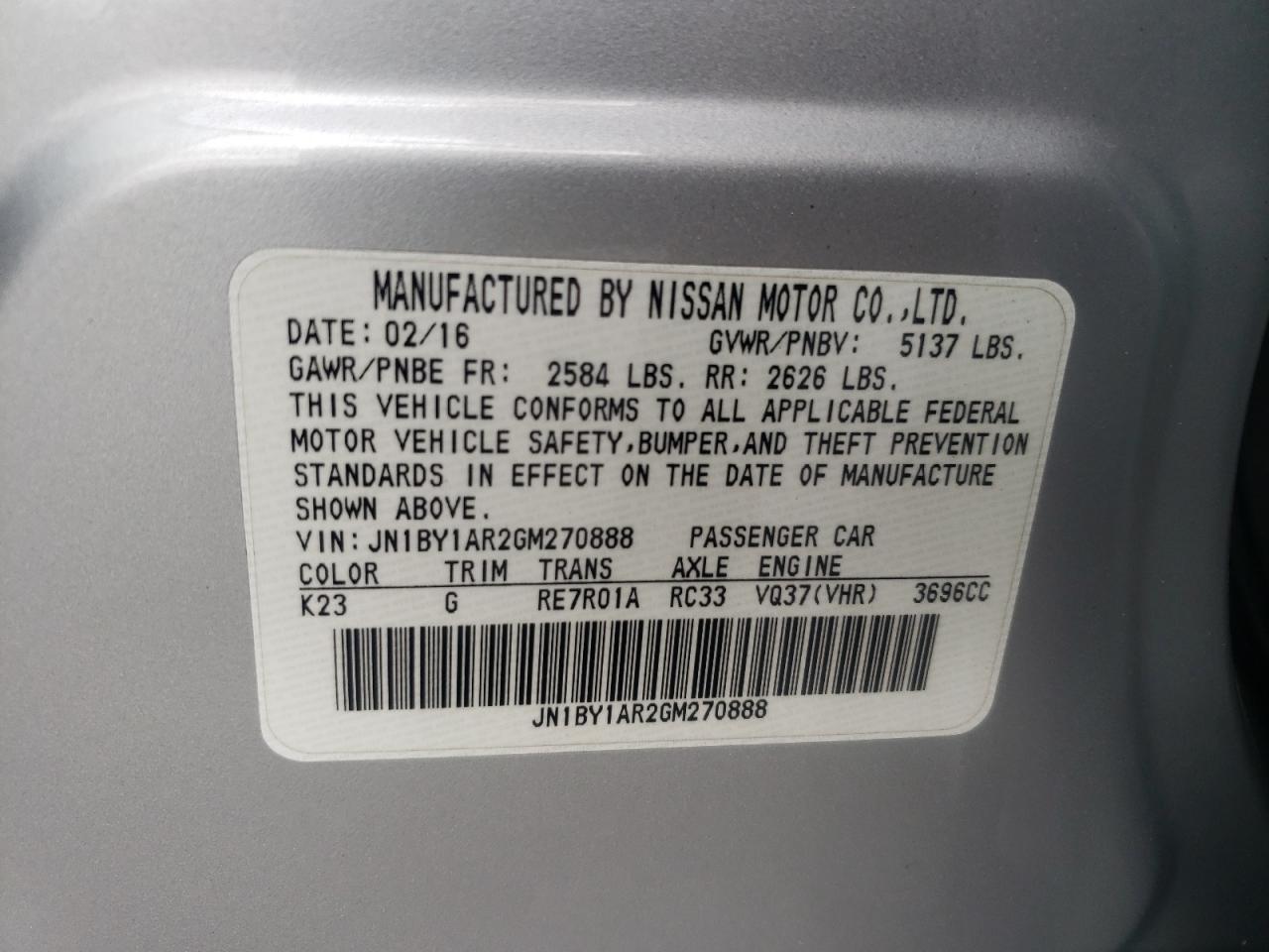 2016 Infiniti Q70 3.7 VIN: JN1BY1AR2GM270888 Lot: 60020975