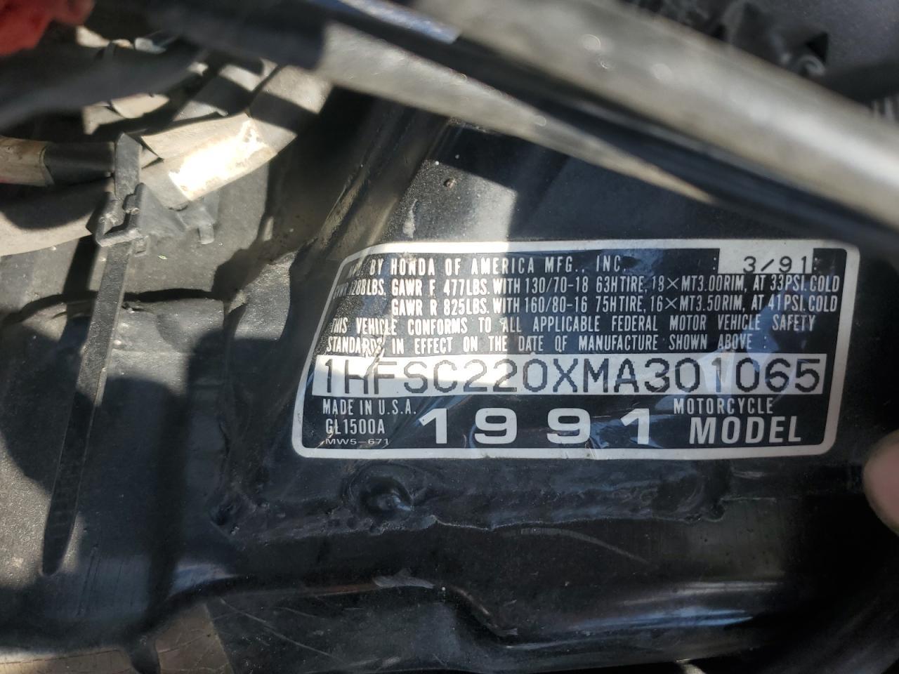 1991 Honda Gl1500 A VIN: 1HFSC220XMA301065 Lot: 61062235