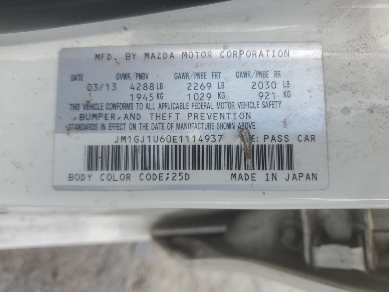 2014 Mazda 6 Sport VIN: JM1GJ1U60E1114937 Lot: 62754745