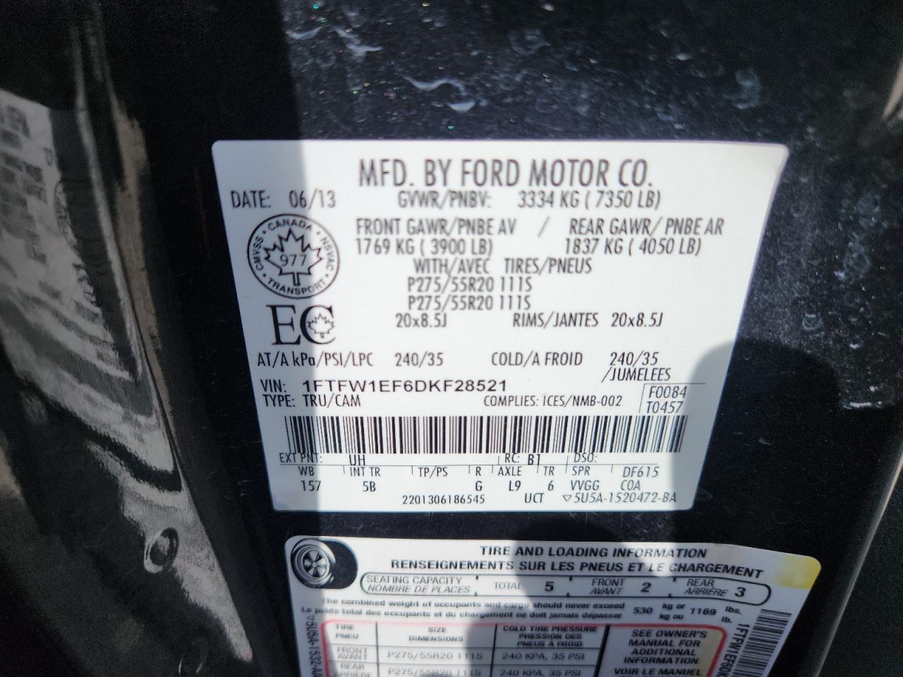 2013 Ford F150 Supercrew VIN: 1FTFW1EF6DKF28521 Lot: 62692485