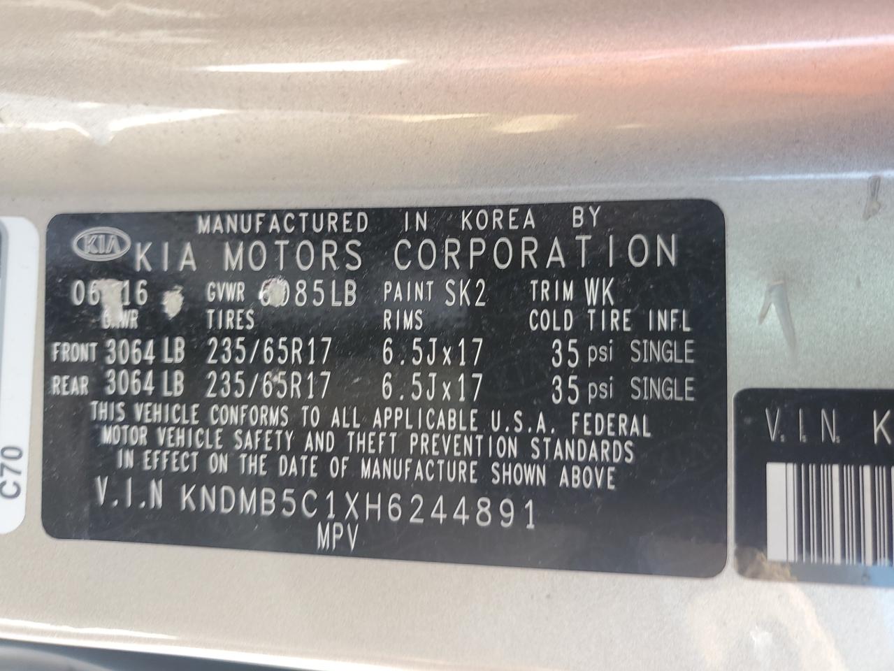 2017 Kia Sedona Lx VIN: KNDMB5C1XH6244891 Lot: 60894205