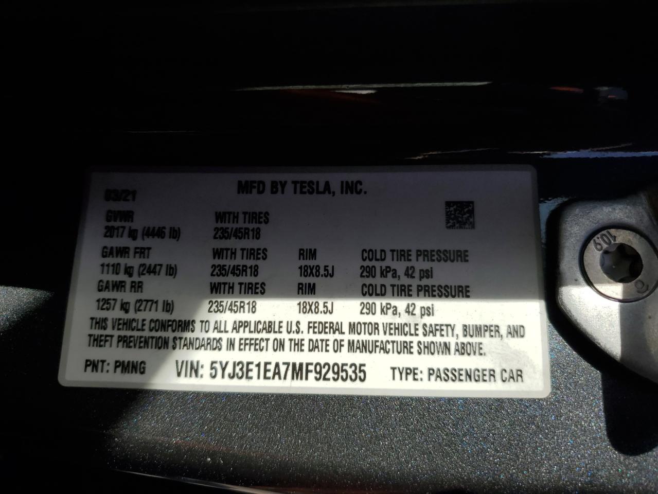2021 Tesla Model 3 VIN: 5YJ3E1EA7MF929535 Lot: 62785325