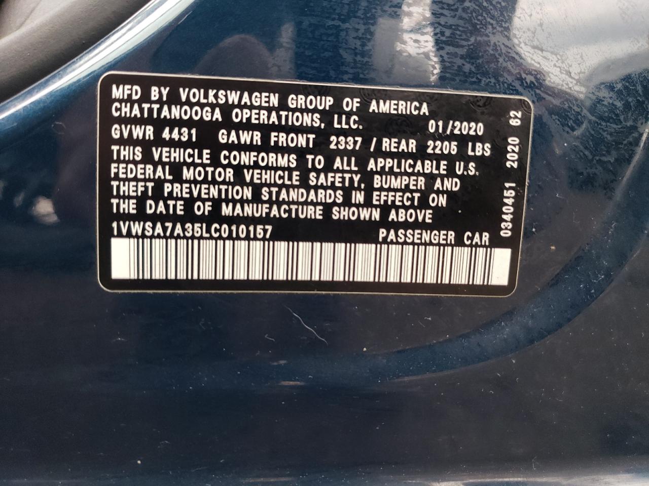 2020 Volkswagen Passat Se VIN: 1VWSA7A35LC010157 Lot: 60908405
