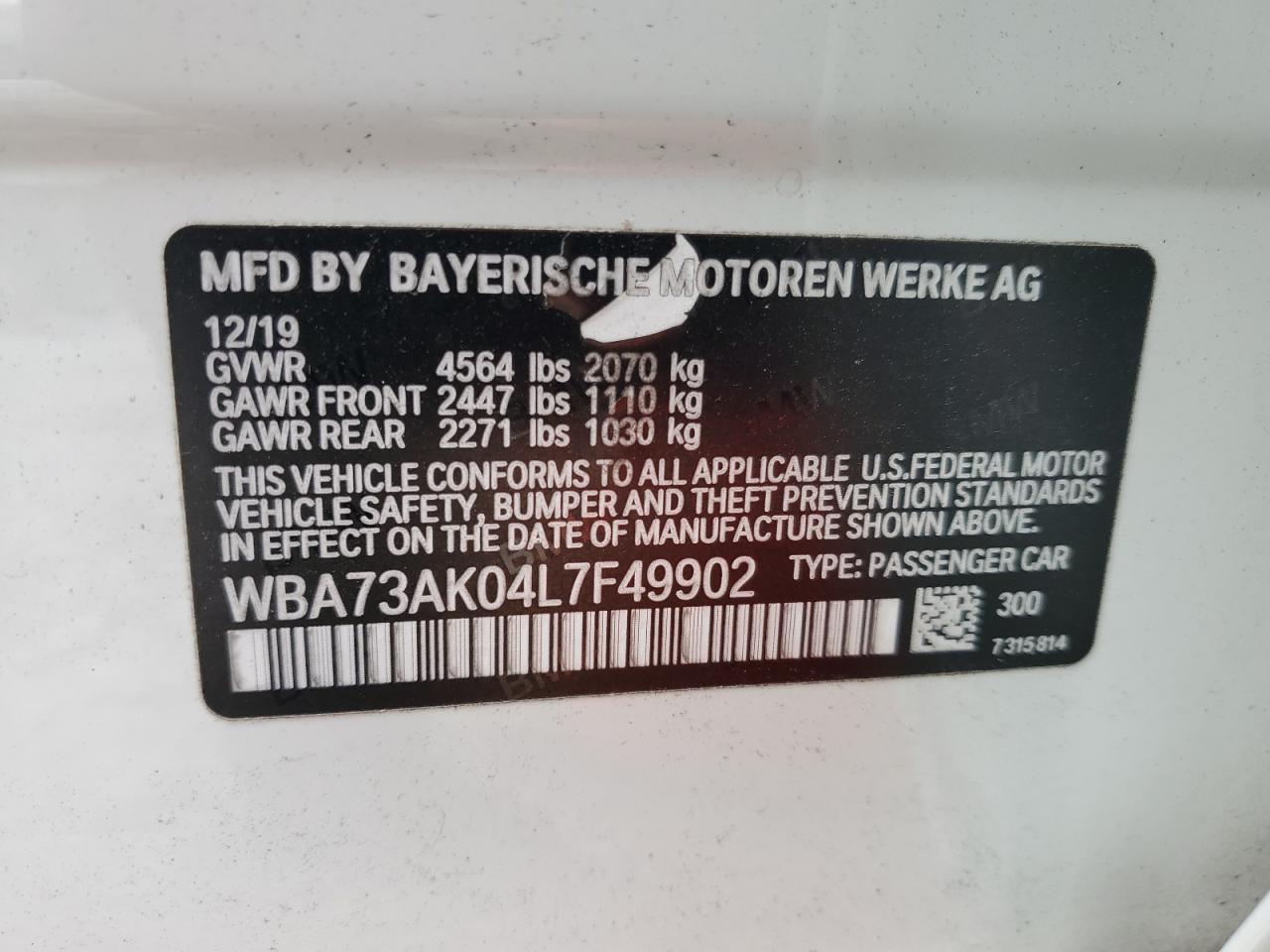 2020 BMW 228Xi VIN: WBA73AK04L7F49902 Lot: 58538525