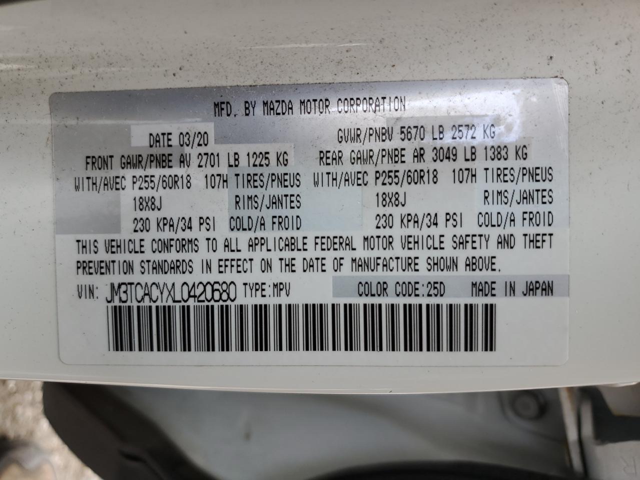 2020 Mazda Cx-9 Touring VIN: JM3TCACYXL0420680 Lot: 60360245