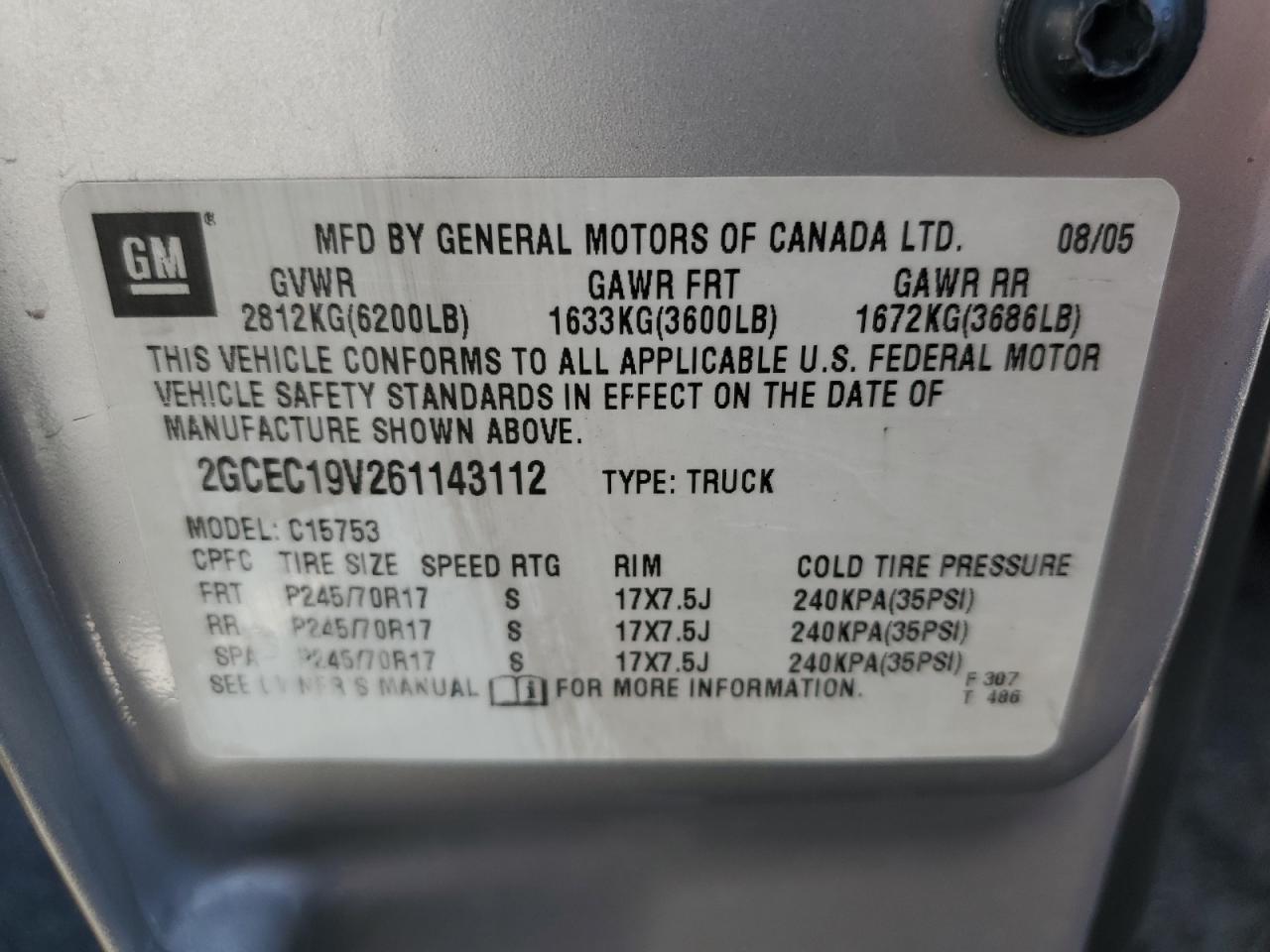 CHEVROLET ALL Models 2006 VIN 2GCEC19V261143112 фото 12