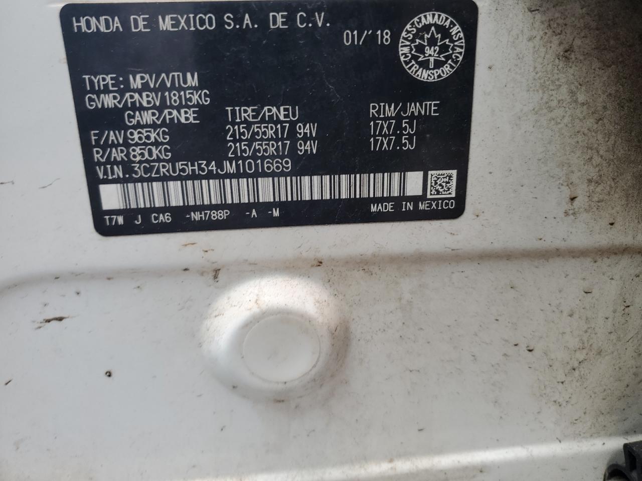 2018 Honda Hr-V Lx VIN: 3CZRU5H34JM101669 Lot: 60402225