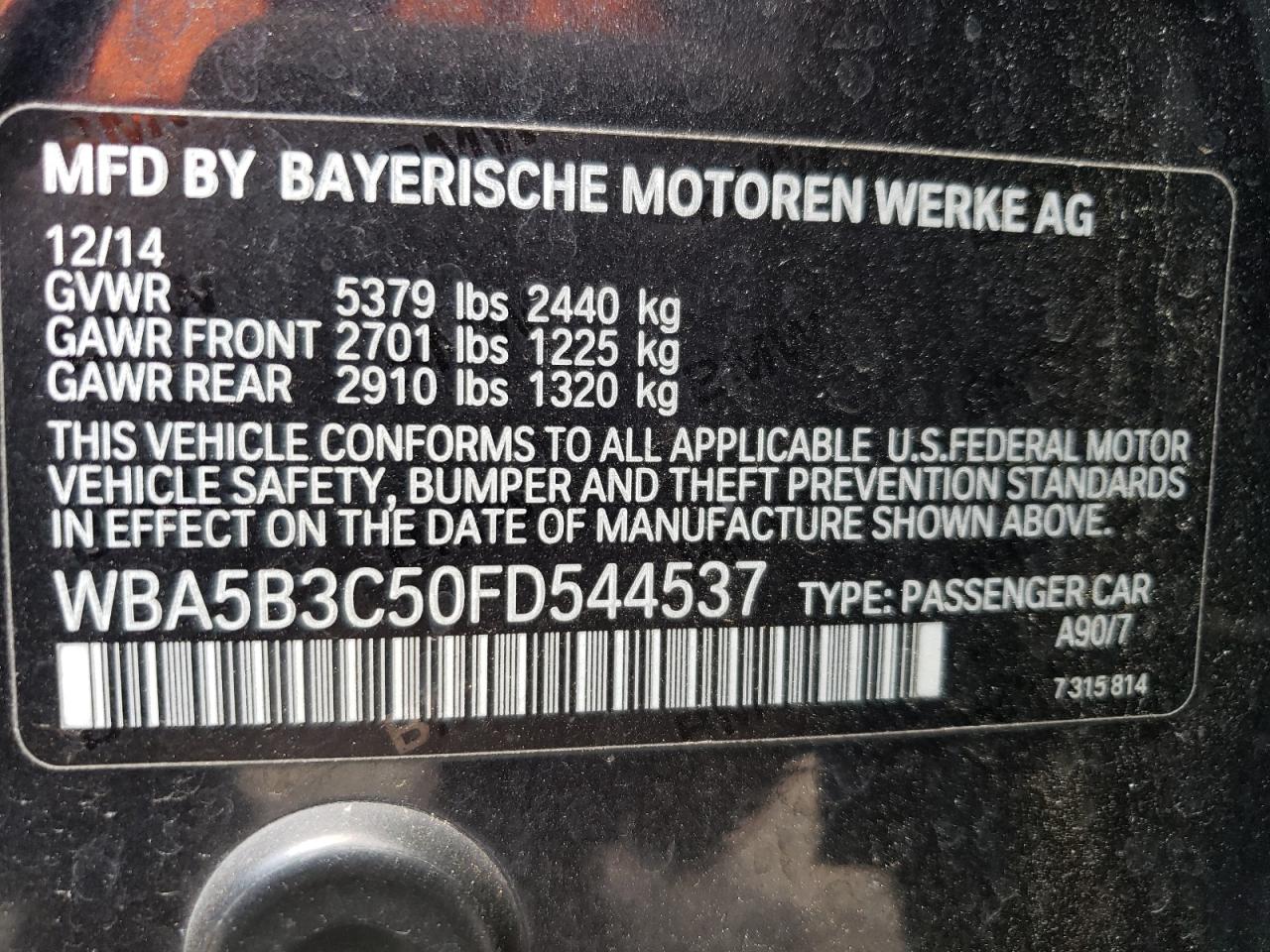 2015 BMW 535 Xi VIN: WBA5B3C50FD544537 Lot: 62482825