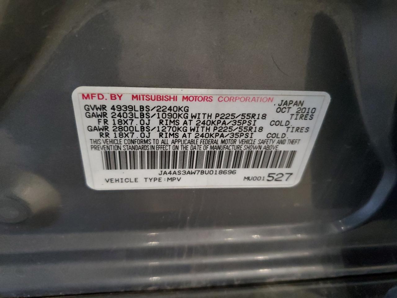 2011 Mitsubishi Outlander Se VIN: JA4AS3AW7BU018696 Lot: 61399165