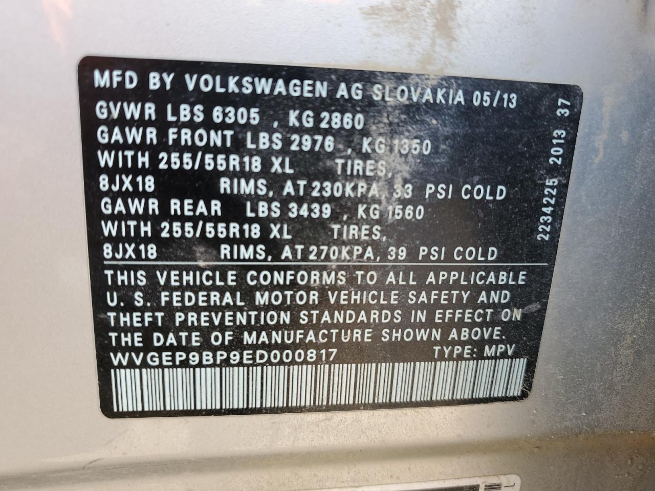 2014 Volkswagen Touareg V6 Tdi VIN: WVGEP9BP9ED000817 Lot: 62390775