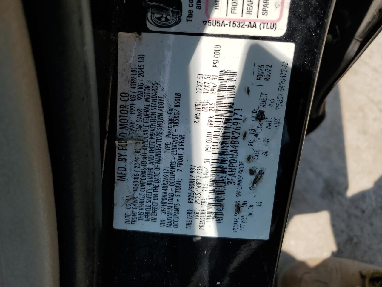 2011 Ford Fusion Se VIN: 3FAHP0HA4BR269171 Lot: 60646335