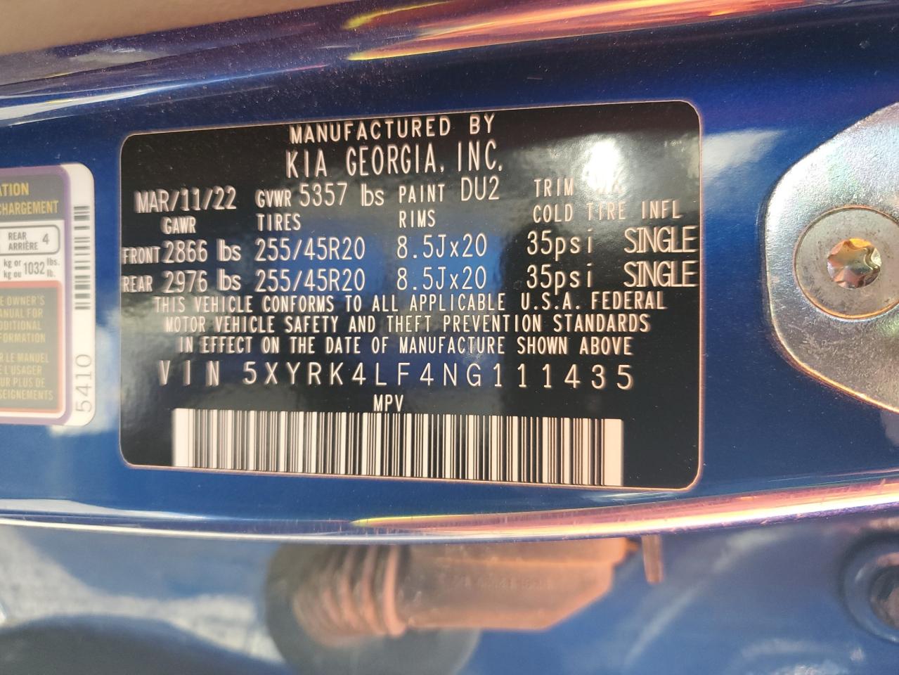 2022 Kia Sorento Sx VIN: 5XYRK4LF4NG111435 Lot: 61399605