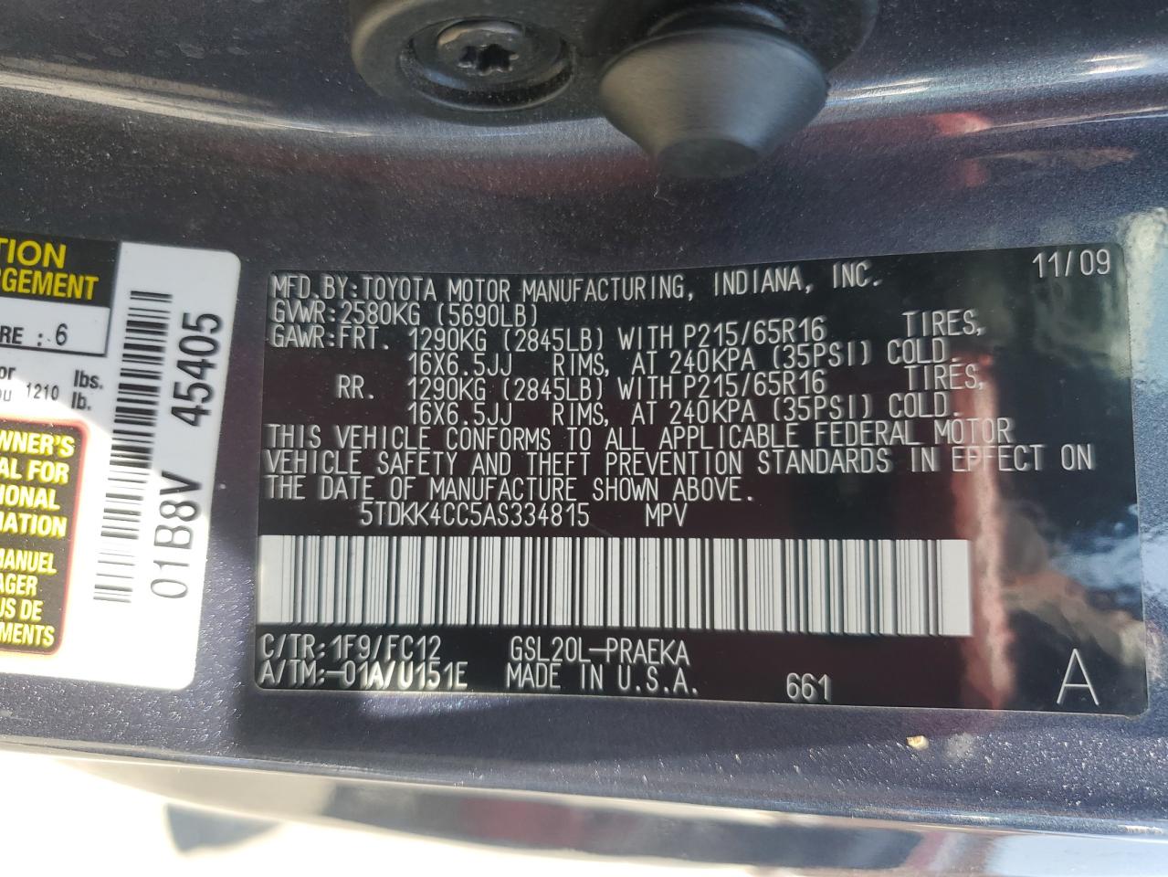 TOYOTA All Models 2010 VIN 5TDKK4CC5AS334815 фото 13