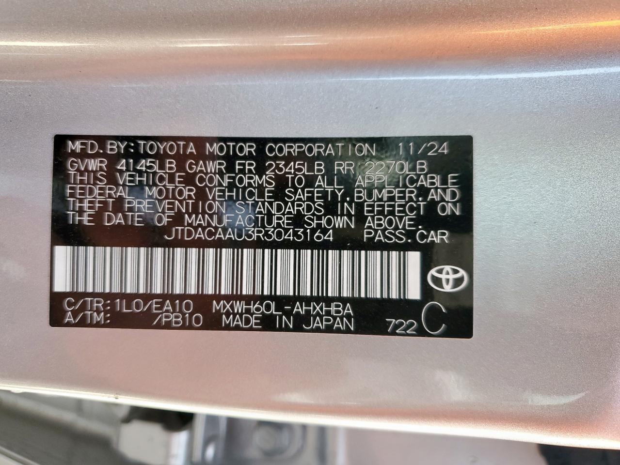 2024 Toyota Prius Le VIN: JTDACAAU3R3043164 Lot: 59111555