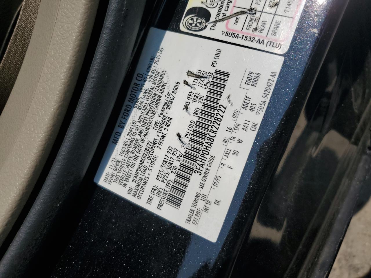 2012 Ford Fusion Se VIN: 3FAHP0HA8CR228222 Lot: 59018575