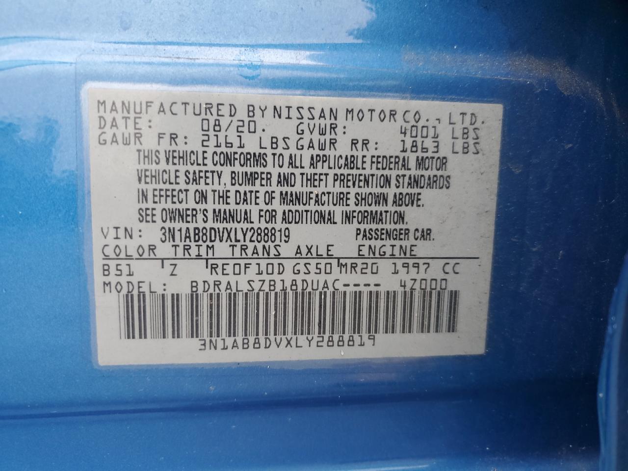 2020 Nissan Sentra Sr VIN: 3N1AB8DVXLY288819 Lot: 60119805