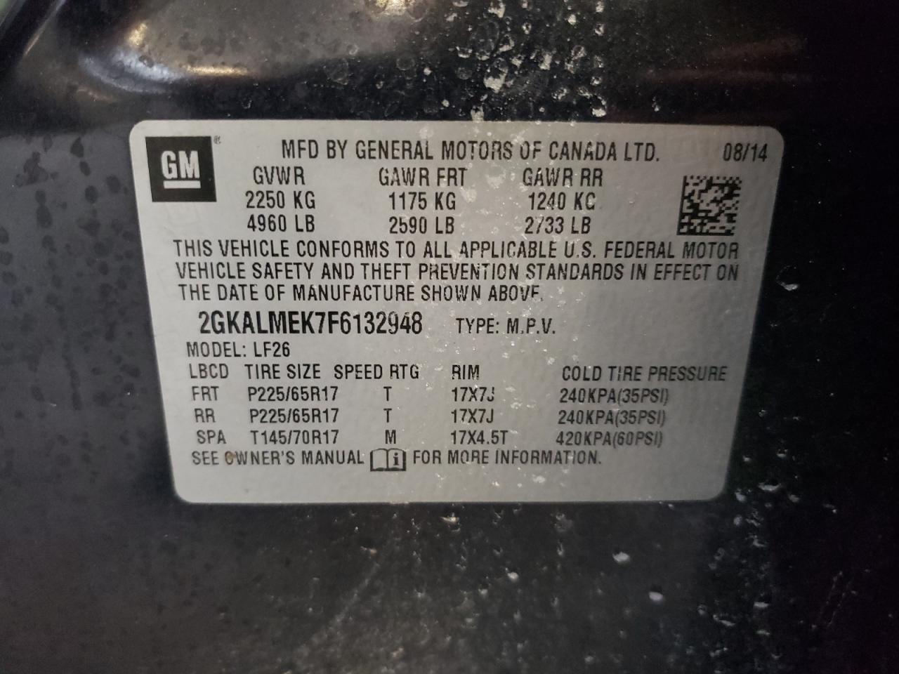 2015 GMC Terrain Sle VIN: 2GKALMEK7F6132948 Lot: 61358885