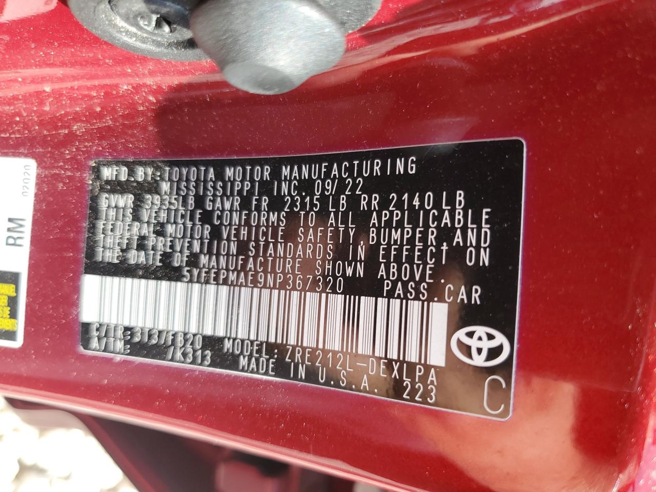 2022 Toyota Corolla Le VIN: 5YFEPMAE9NP367320 Lot: 62760655