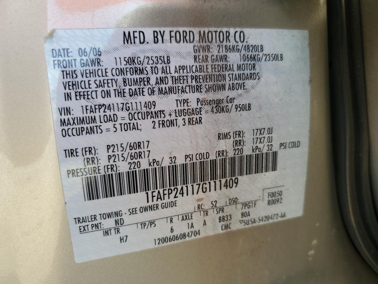 2007 Ford Five Hundred Sel VIN: 1FAFP24117G111409 Lot: 61403575