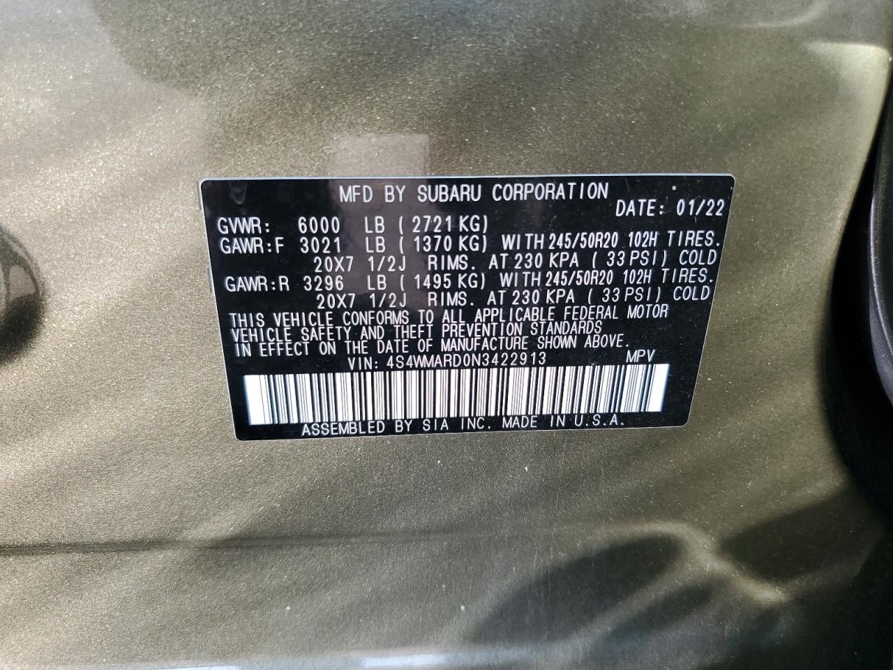 2022 Subaru Ascent Touring VIN: 4S4WMARD0N3422913 Lot: 61365705