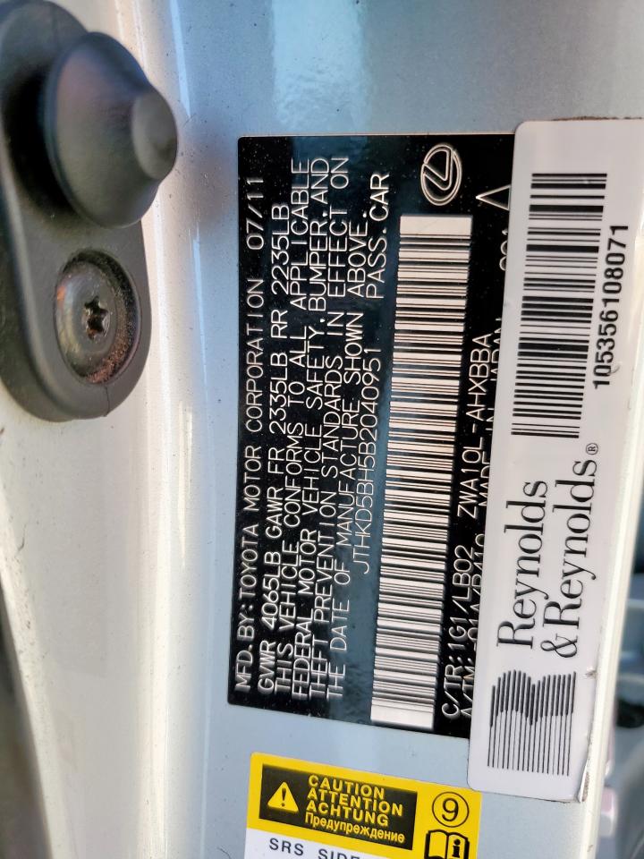 2011 Lexus Ct 200 VIN: JTHKD5BH5B2040951 Lot: 59227645