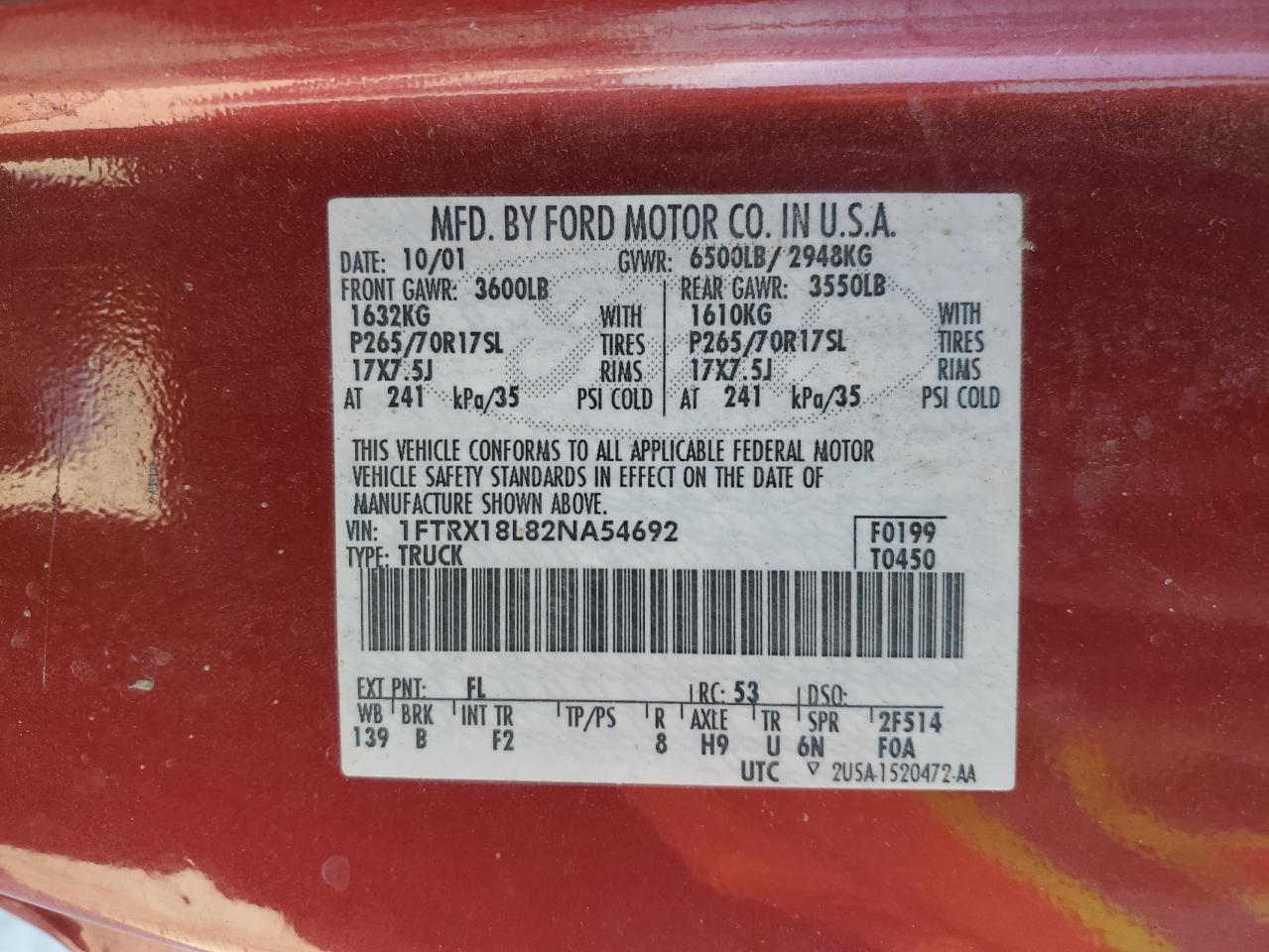 2002 Ford F150 VIN: 1FTRX18L82NA54692 Lot: 62559605
