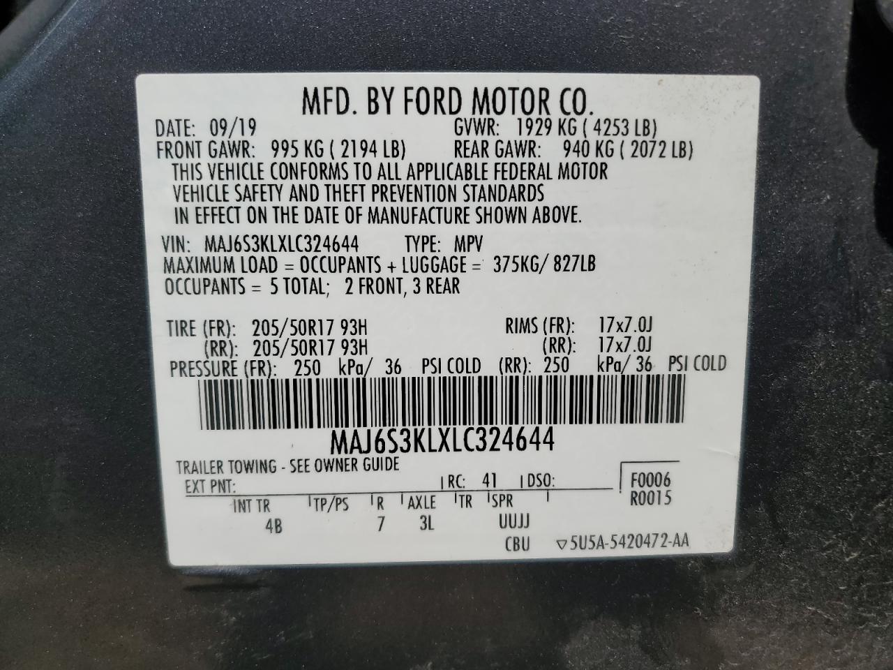 2020 Ford Ecosport Titanium VIN: MAJ6S3KLXLC324644 Lot: 62463855