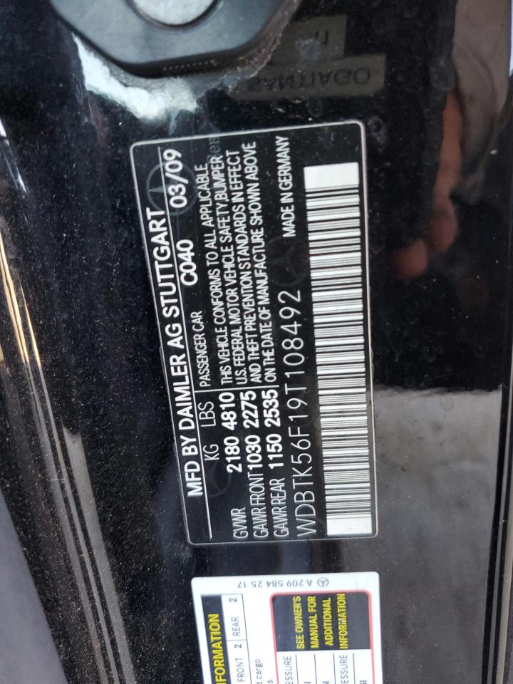 2009 Mercedes-Benz Clk 350 VIN: WDBTK56F19T108492 Lot: 63040855
