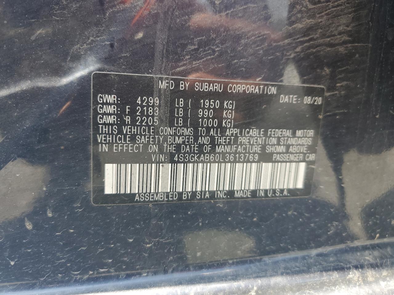 2020 Subaru Impreza VIN: 4S3GKAB60L3613769 Lot: 61365885