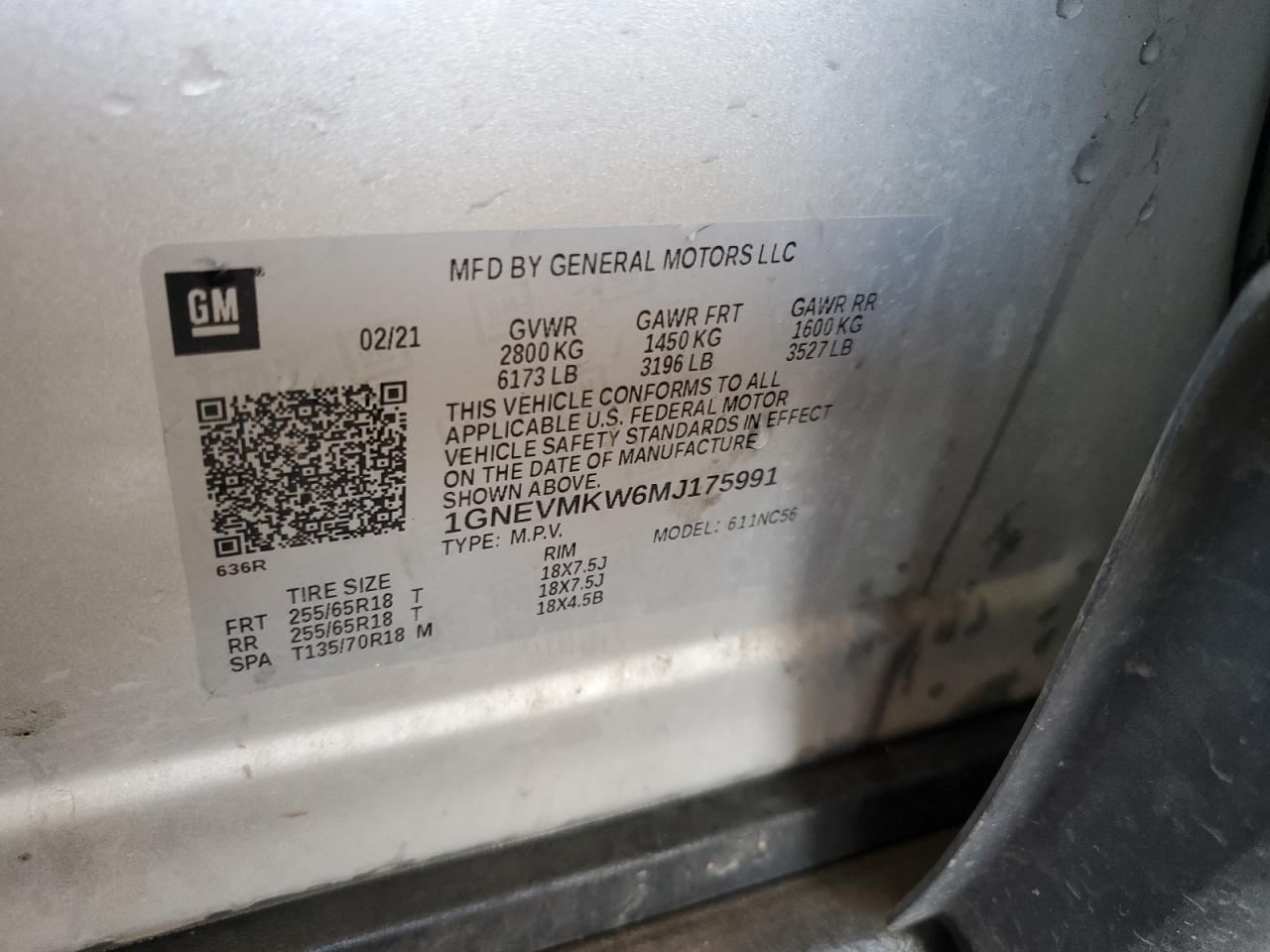 2021 Chevrolet Traverse Lt VIN: 1GNEVMKW6MJ175991 Lot: 62769845