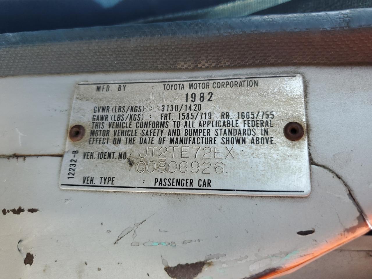 TOYOTA COROLLA 1982 VIN JT2TE72EXC0806926 фото 12