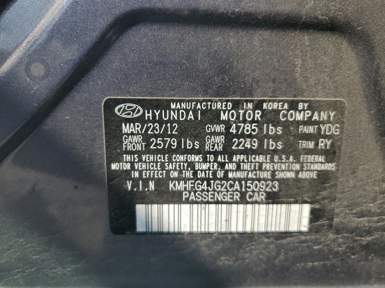 2012 Hyundai Azera Gls VIN: KMHFG4JG2CA150923 Lot: 62017145